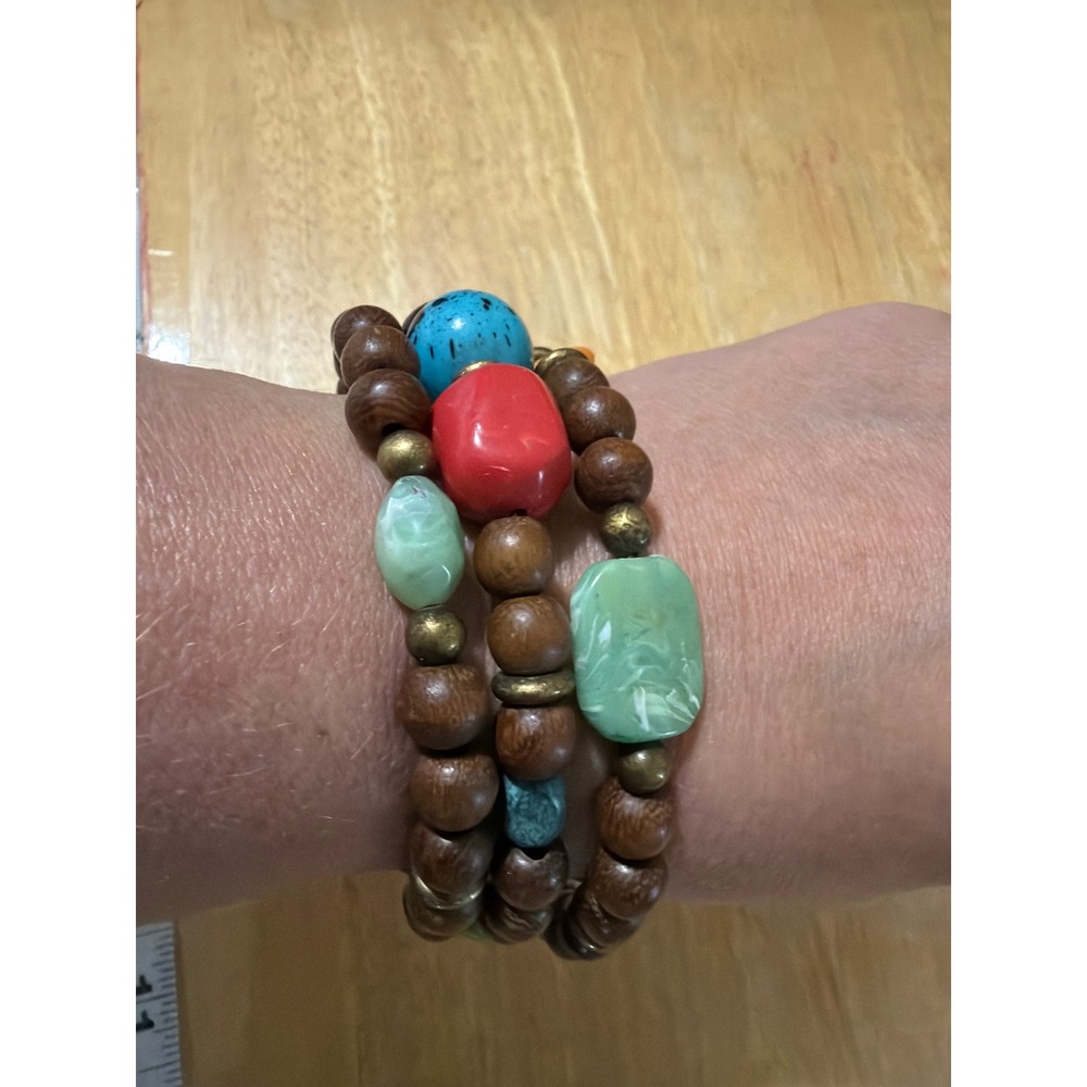Boho Multi Strand Wood‎ and Colorful Chunky Bead Wrap Bracelet Layering - Picture 2 of 6